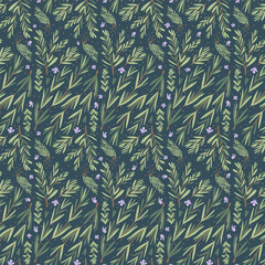 Rosemary herbs branch seamless pattern. Rosemary plant green leaves repeat background. Botanic dark endless cover. Vector simple hand drawn illustration.