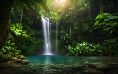 Fototapeta na wymiar Rainforest waterfall oasis, vibrant green foliage, crystal-clear water cascading, tranquil and untouched