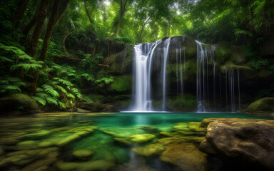 Rainforest waterfall oasis, vibrant green foliage, crystal-clear water cascading, tranquil and untouched