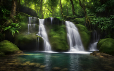 Rainforest waterfall oasis, vibrant green foliage, crystal-clear water cascading, tranquil and untouched