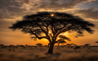 Fototapeta na wymiar Serengeti sunset, acacia trees silhouetted, wild safari landscape, calm, dusky sky