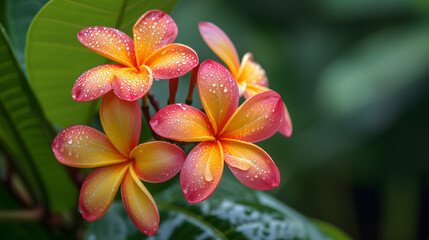 Fototapeta premium Vibrant Plumeria Flowers with Water Drops on Petals