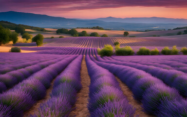 Rolling lavender fields at dusk, soft purple hues, peaceful, Provençal countryside charm