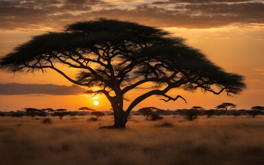 Serengeti sunset, acacia trees silhouetted, wild safari landscape, calm, dusky sky