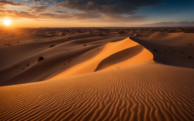 Sunset at Sahara Desert, dramatic shadows on sand dunes, warm orange glow, endless horizon
