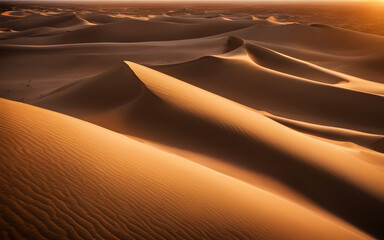 Sunset at Sahara Desert, dramatic shadows on sand dunes, warm orange glow, endless horizon