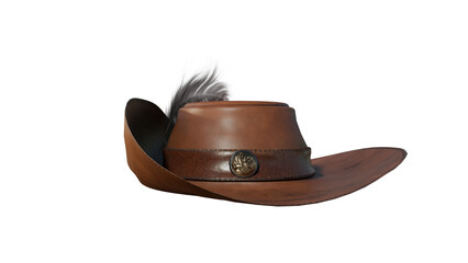 a brown hat with a feather on top of it