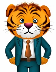 Proud tiger in a tailored suit, cartoon minimal cute flat design