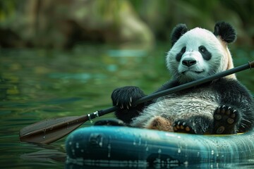 Portrait of a panda on a paddleboard, realistic ,  cinematic style.