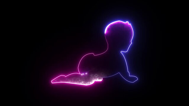 Glowing neon baby animated icon on a black background. Childhood care concept