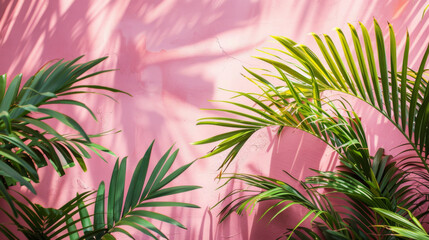 Fototapeta na wymiar A vibrant pink wall with lush green palm leaves in the foreground,