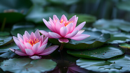 Twin Pink Lotus Flowers on Lily Pads in Tranquil Water