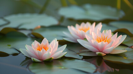 White Water Lilies with Glowing Orange Centers on Calm Pond