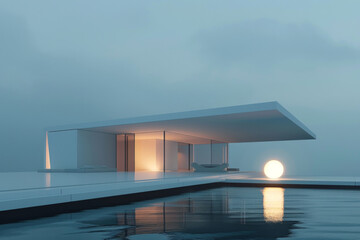 Minimalism style of a white color zen style architecture with a light sphere