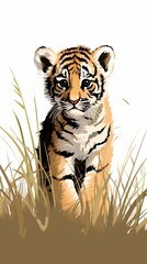 Side profile shot of a baby tiger cub prowling in tall grass, cute, simple 2d style pastel colors