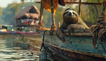 Sloth on a pontoon boat, realistic ,  cinematic style.