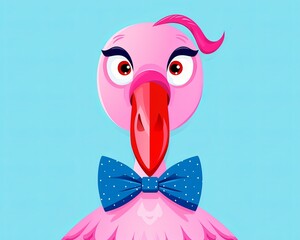 Sophisticated flamingo in a bow tie, cartoon minimal cute flat design