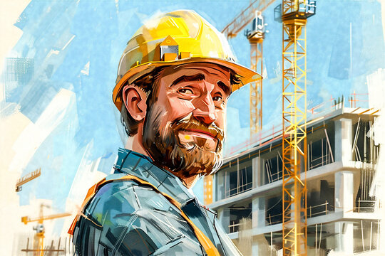 Caricature of a Construction Worker.  Generated Image.  A digital illustration of a construction worker at a building construction site.