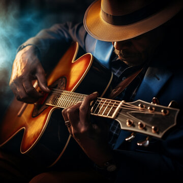 Bluesman play on guitar blues rock under stage light. Festival music concert with songs. Black skin guitarist in hat. Retro style.