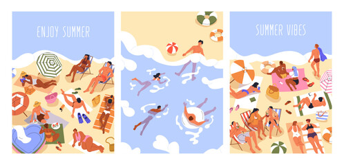 Obraz premium Summer beach posters set. People enjoying vacation by sea, sunbathing, swimming and relaxing. Tourists at leisure, rest and recreation at seaside resort, holiday card. Flat vector illustration