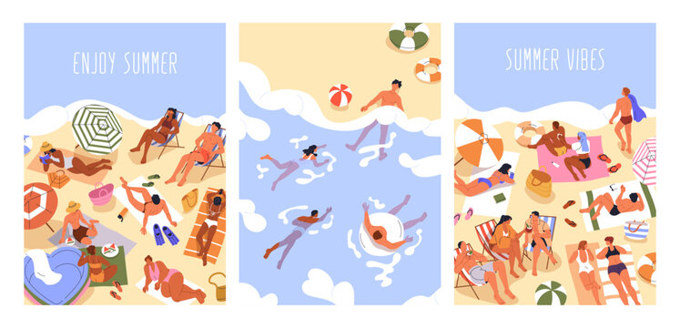 Naklejki Summer beach posters set. People enjoying vacation by sea, sunbathing, swimming and relaxing. Tourists at leisure, rest and recreation at seaside resort, holiday card. Flat vector illustration