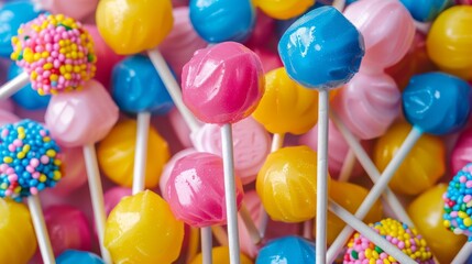 Colorful lollipops and different colored round candy background