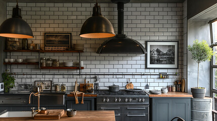 Draw an industrial-style kitchen with iron pendant lights and black and white photos hanging on the walls. - obrazy, fototapety, plakaty
