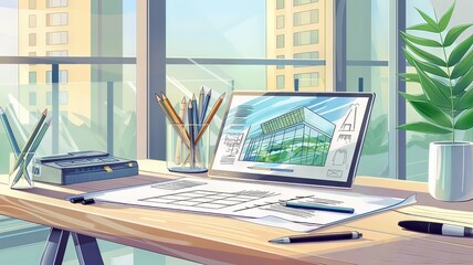 Horizontal AI illustration architectural rendering on tablet with urban skyline. Business concept.
