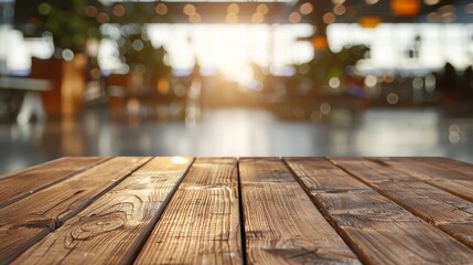 Airport rush blurred behind an empty wooden table, bathed in the early glow of sunrise light, perfect for travel-related product displays