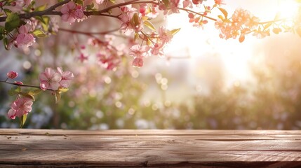 Naklejka na ściany i meble An elegant product showcase on a rustic wooden table, backdrop of blooming spring flowers in a blurred background, lit by gentle sunrise light