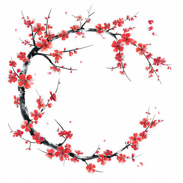 Flowers, buds and petals of sakura. Watercolor style spring round border frame with branches blossoming cherry. Generative ai.