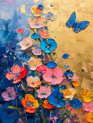 Abstract oil canvas of flowers and butterfly, gold line art with palette knife, inspired by the tactile feel of ceramic street art