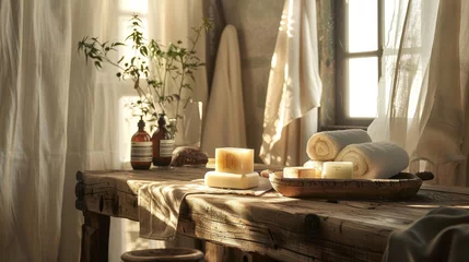 Tuinposter Handcrafted goods on a sawmill wooden table, showcased in a bathroom setting, the scene softly lit by the first rays of sunrise light, enhancing the natural textures © Paul