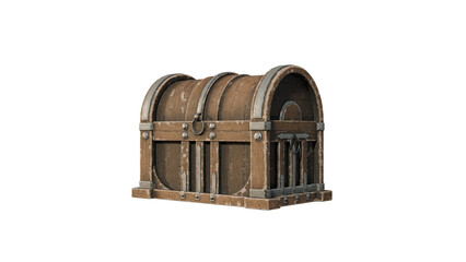 a wooden chest with metal straps and a white background