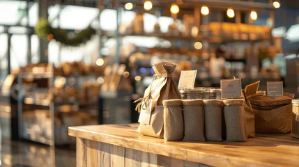 Tuinposter Handcrafted goods showcased on a wooden counter at an airport kiosk, background softly blurred, under the welcoming glow of warm light © Paul
