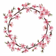 Fototapeta na wymiar Flowers, buds and petals of sakura. Watercolor style spring round border frame with branches blossoming cherry. Generative ai.