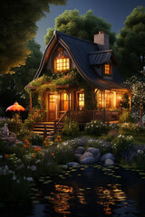 Detailed render of a cozy cottage surrounded by rendered greenery, showcasing warm lights from within, isolated on a tranquil green background, capturing the essence of home as a personal retreat,