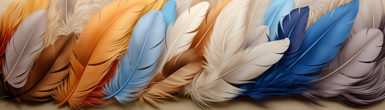 Close-up of the intricate feather patterns and colors, rendered in hyper-realistic detail, isolated on a texture marvel beige background, showcasing the beauty and diversity of chicken breeds,