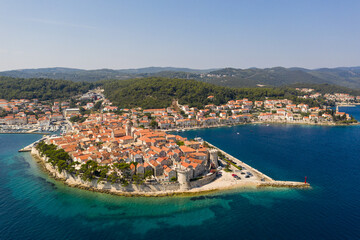 Korcula, Croatia: Aerial drone view of the famous Korcula old town and island, a popular beach...