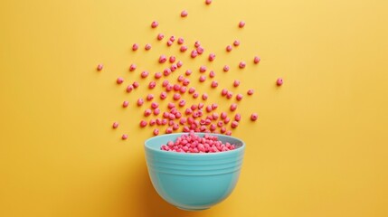 Colorful Cereal Explosion from Bowl on Vibrant Yellow Background - Food Concept Photography