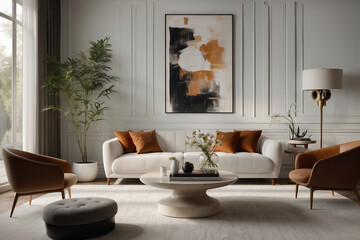 Stilvolles Wohnzimmer mit abstrakter Wandmalerei und weißem Sofa neben Designer-Möbeln in warmen Erdtönen