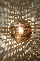 Golden Disco Ball Casting Radiant Light Patterns in a Room