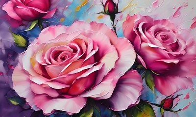 wallpaper representing roses painted with oil paint