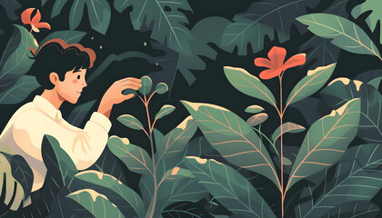 Icon of a botanist examining a rare plant species when suddenly you notice a small bud beginning  Generative AI - obrazy, fototapety, plakaty