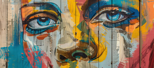 Abstract colorful Portrait of Human face on wood