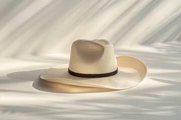 Classic Straw Fedora Hat with Black Band on White. - obrazy, fototapety, plakaty