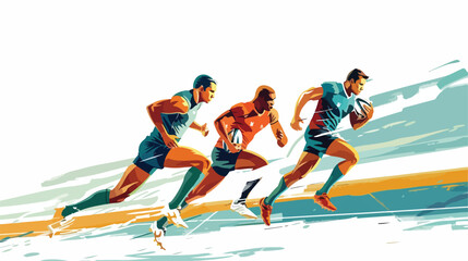 Rugby sportsmens players run on a stadium Flat vector
