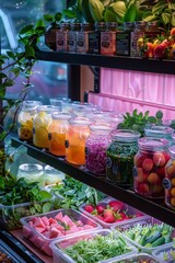 Fototapeta na wymiar Vibrant Organic Juice Bar with Diverse Fresh Ingredients on Display