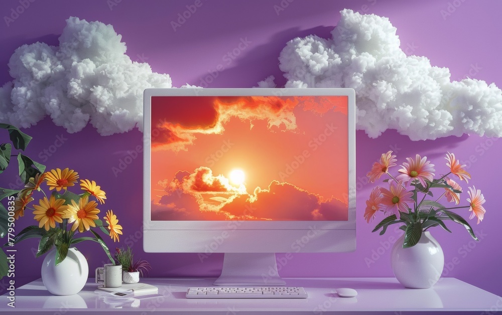 Poster surreal home office setup with clouds and sunset screen - modern workspace concept