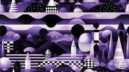 abstract 2D violet, white and black landscape made of geometric shapes, repetitive tile background